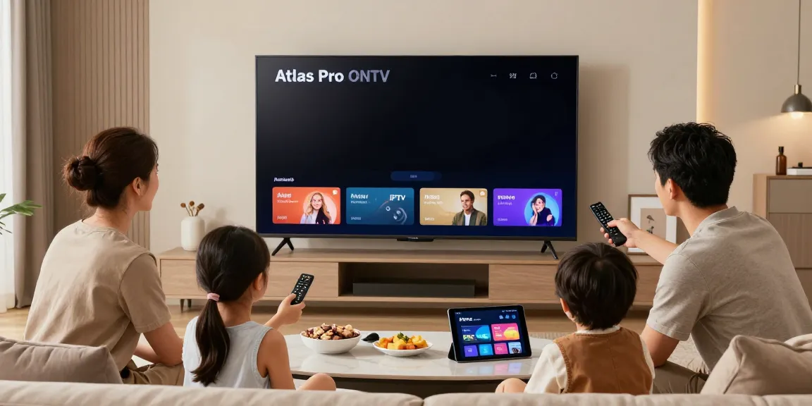 Famille profitant d'Atlas Pro ONTV dans un salon moderne et convivial.