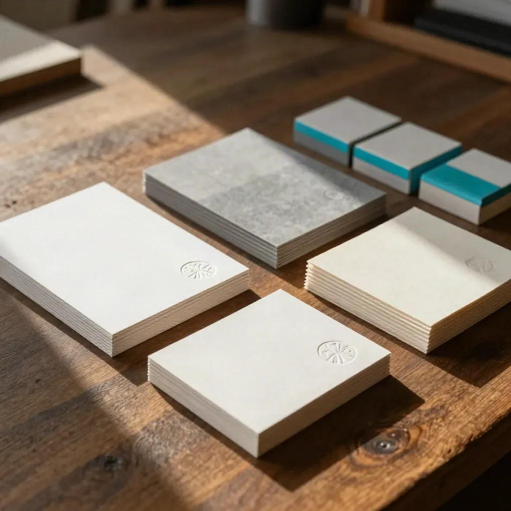 Cartes de charte graphique gaufrées, échantillons papier coton et boîtes de couleur sur table en chêne.