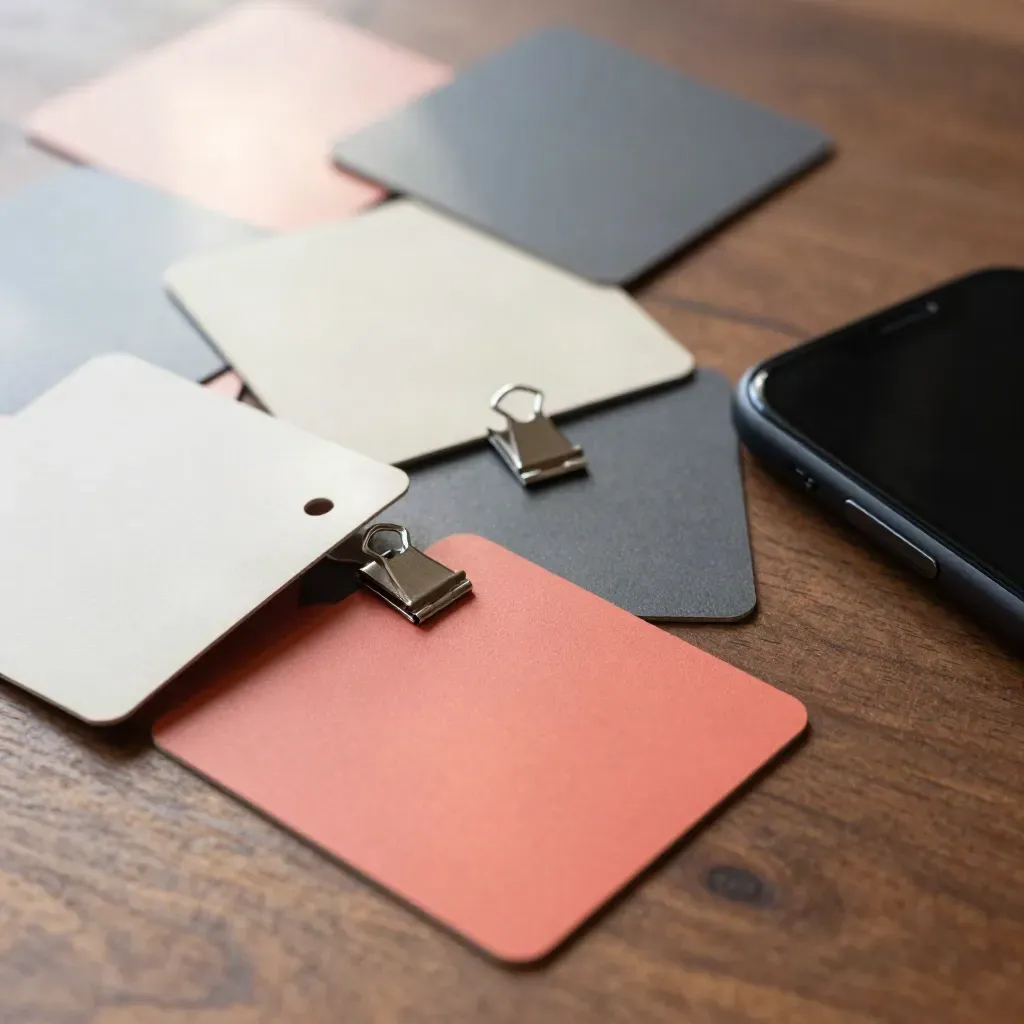 Cartes carrées colorées triées près d’un téléphone éteint sur table en noyer, effet dynamique.