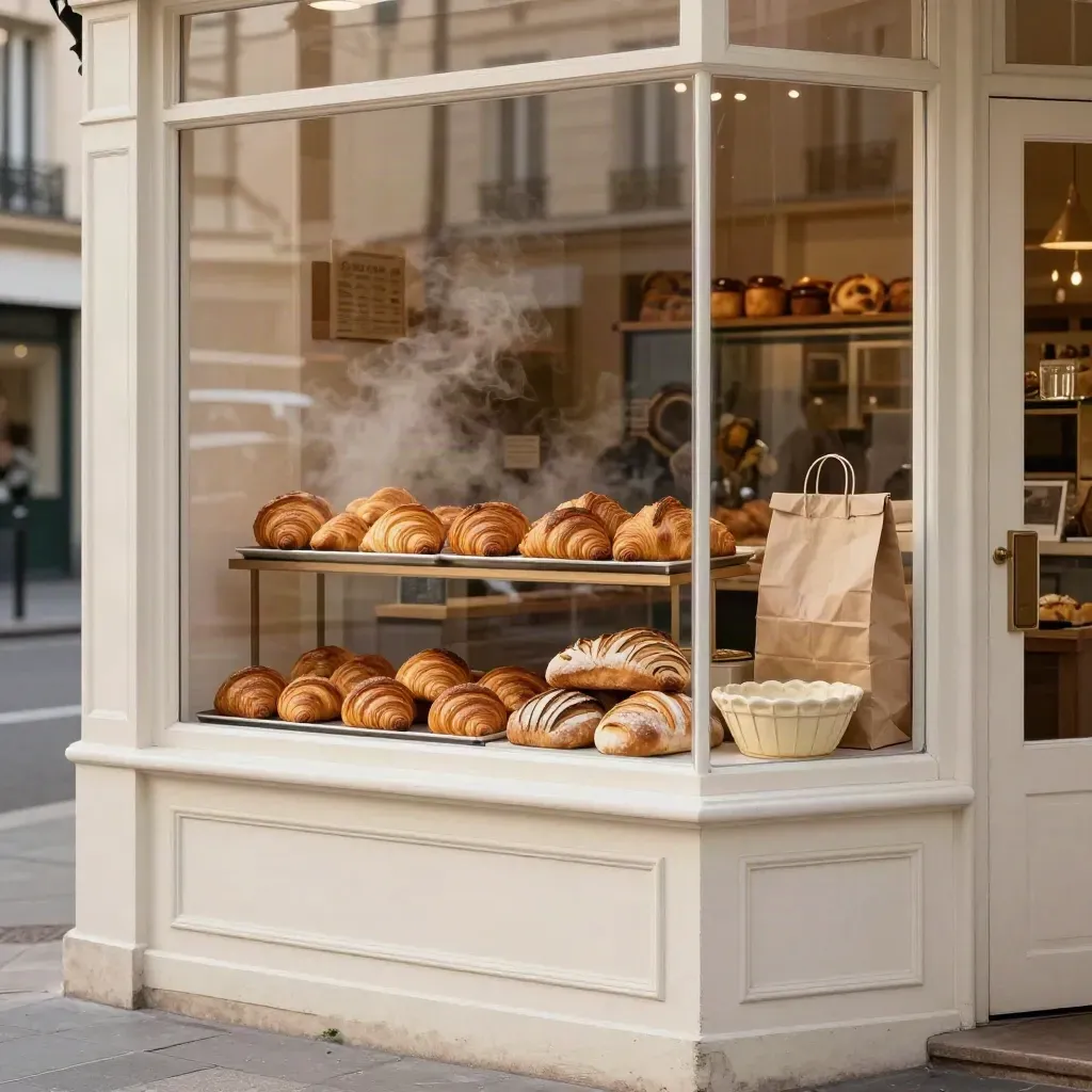 Vitrine de boulangerie rénovée avec pains dorés et sacs kraft, rue calme au matin.