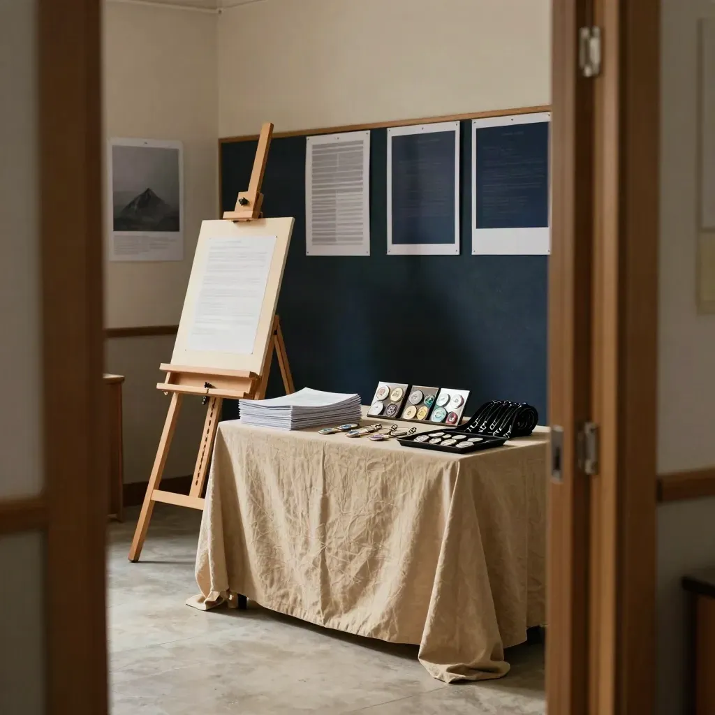 Entrée de salle associative avec chevalet vide, badges, brochures fermées et affiches neutres.