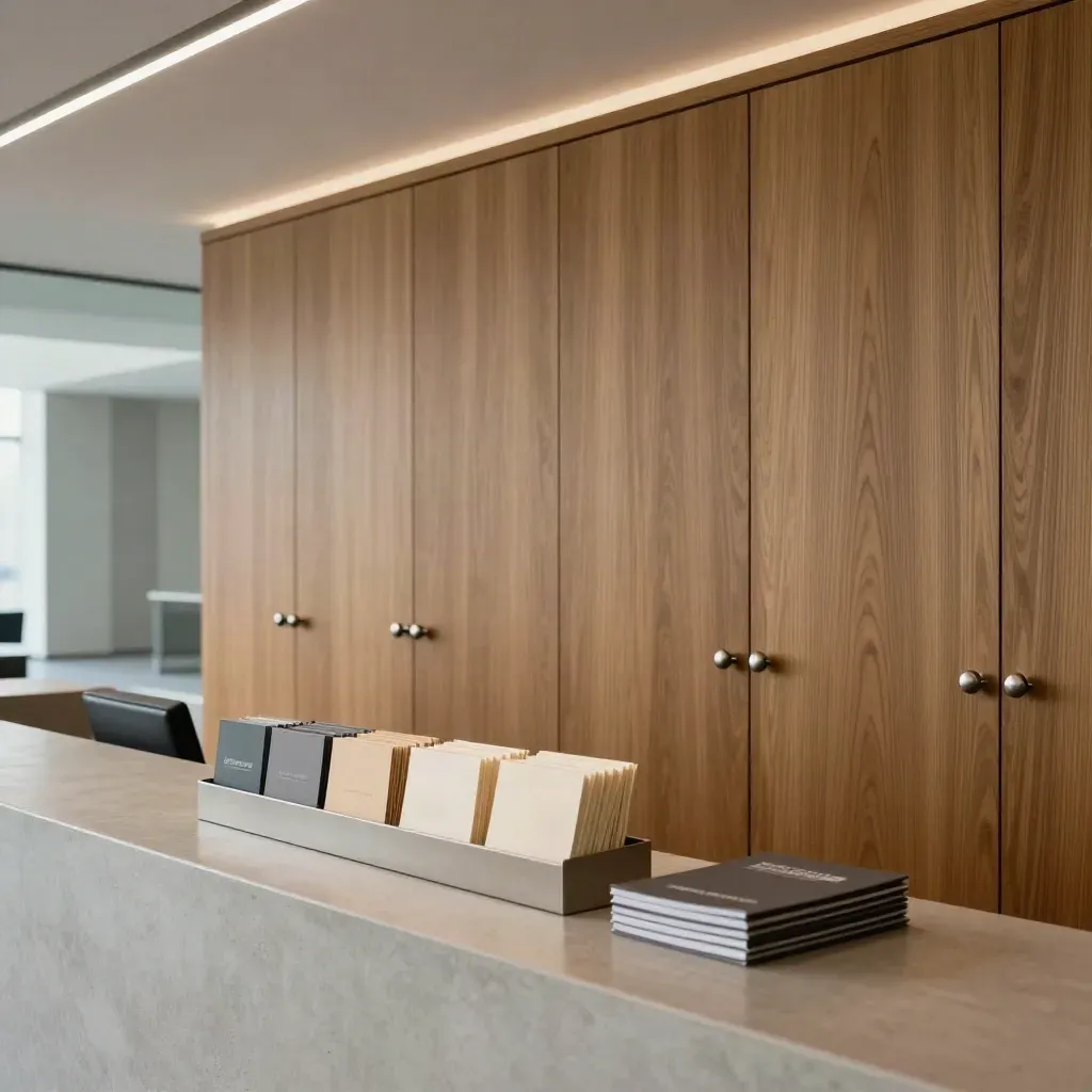 Intérieur rénové d’un cabinet de communication, bibliothèque fermée et dossiers prêts à l’accueil.