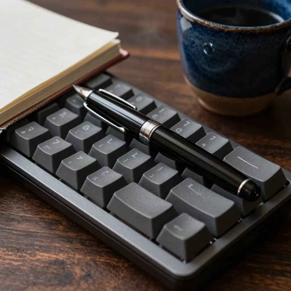 Clavier compact, stylo-plume, carnet en toile et tasse brute sur bureau sombre, lumière dramatique.