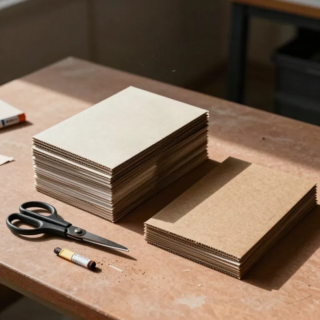 Maquettes de packaging, échantillons de papier et ciseaux sur une table d’atelier en lumière douce.