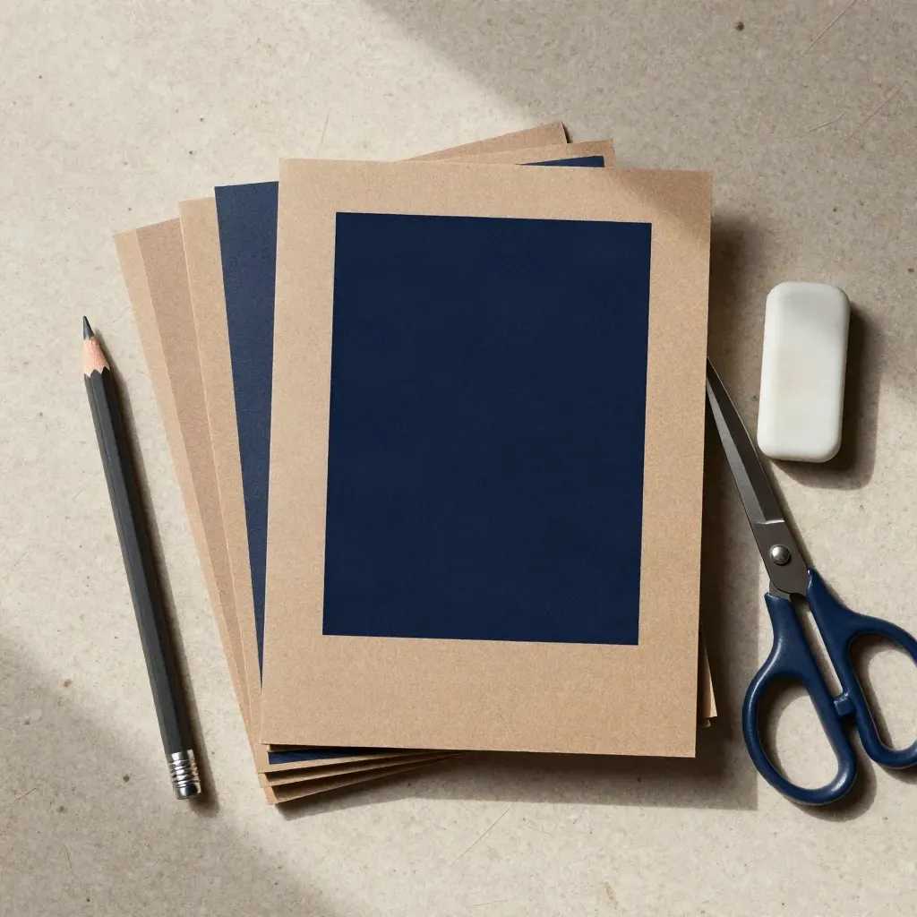 Maquettes de pages, ciseaux, crayons et gomme sur pierre claire, vue de dessus.