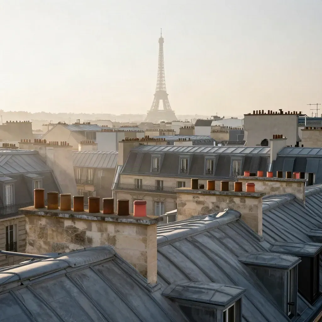 Toits de zinc parisiens avec la tour Eiffel lointaine dans une brume matinale.