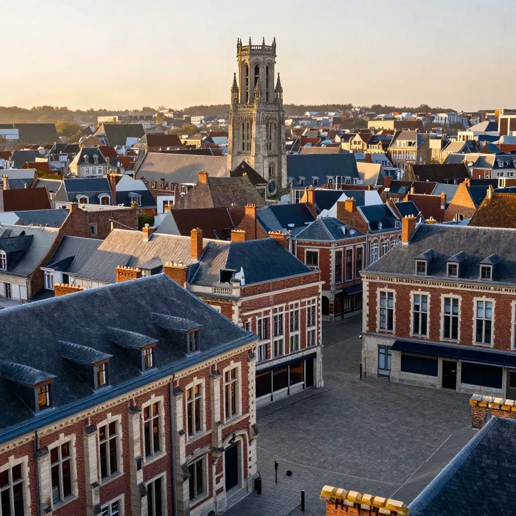 Le beffroi de Lille domine des toits de briques rouges dans une brume dorée.