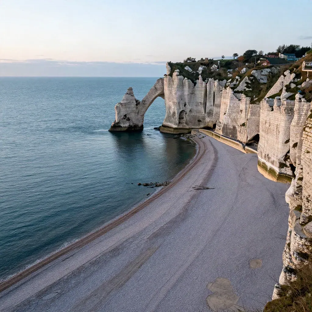Falaises d’Étretat au couchant, arches de craie et mer lisse sous une brume saline.