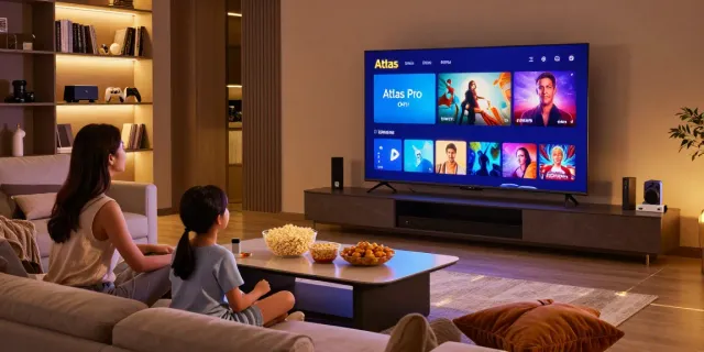 Profitez de l'expérience de visionnage avec Atlas Pro dans un salon moderne pendant une soirée cinéma en famille.