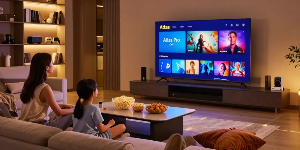 Profitez de l'expérience de visionnage avec Atlas Pro dans un salon moderne pendant une soirée cinéma en famille.