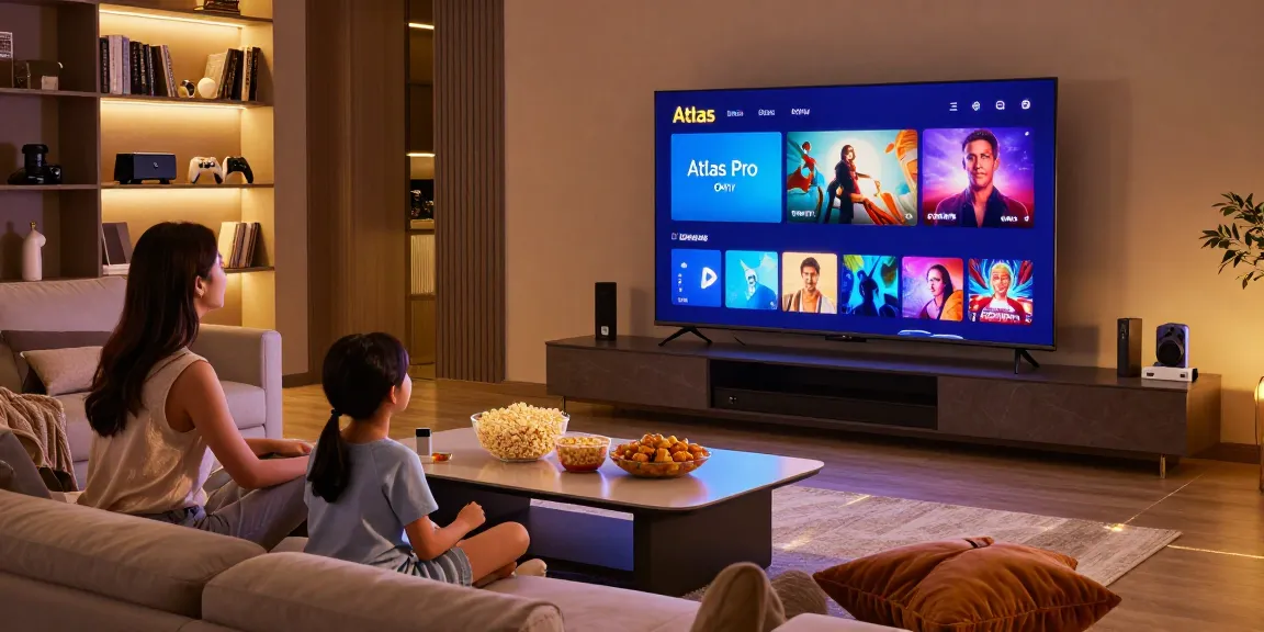 Profitez de l'expérience de visionnage avec Atlas Pro dans un salon moderne pendant une soirée cinéma en famille.