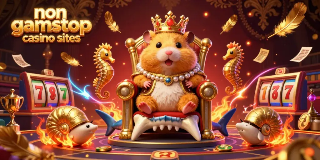 The hamster king reigns in a vibrant non gamstop casino sites scene with betting elements and gold tokens.